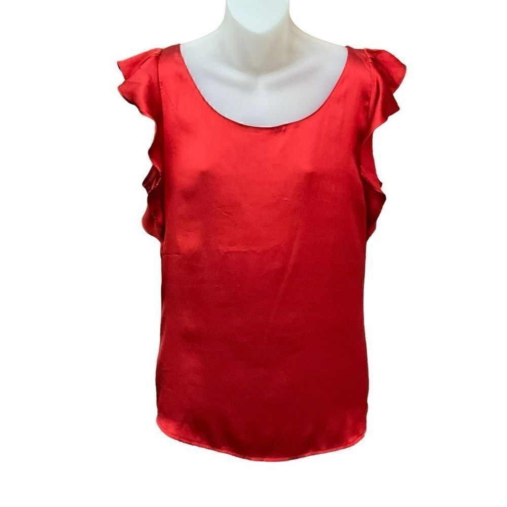 Loft Ann Taylor Blouse Scoop Neck Ruffled Cap Sleeves Red Zipper Tie Back Medium